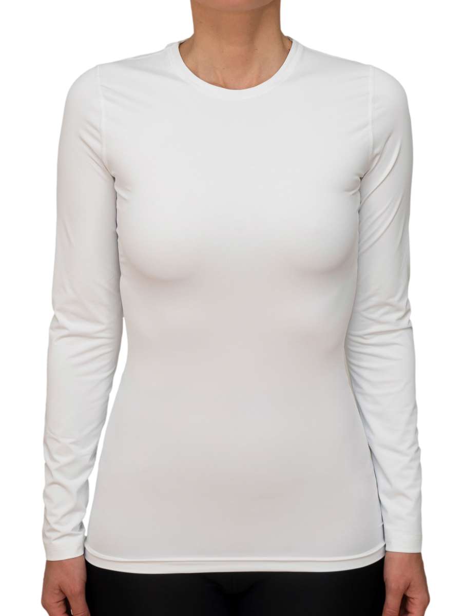 WOMEN UV Langarmshirt ‘avaro white‘ Vorderansicht mit Model 