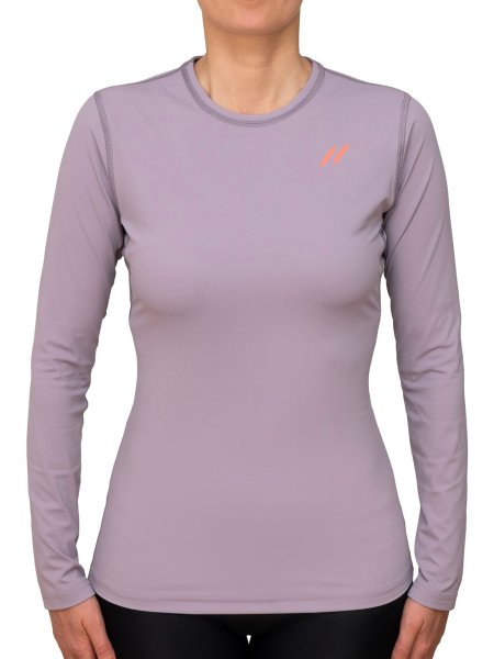 Preview: WOMEN UV Langarmshirt ‘piti purple ash‘ front view with model 